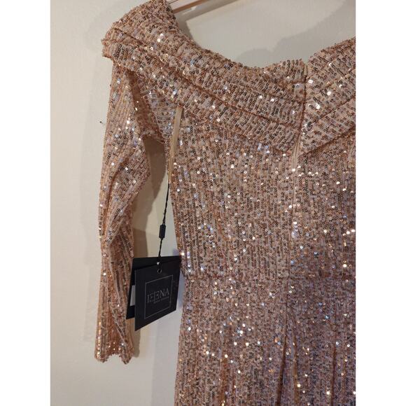 NWT Mac Duggal Sz 0 Rose Gold Sequined Drop Shoulder Long Sleeve Jumpsuit - Picture 6 of 6